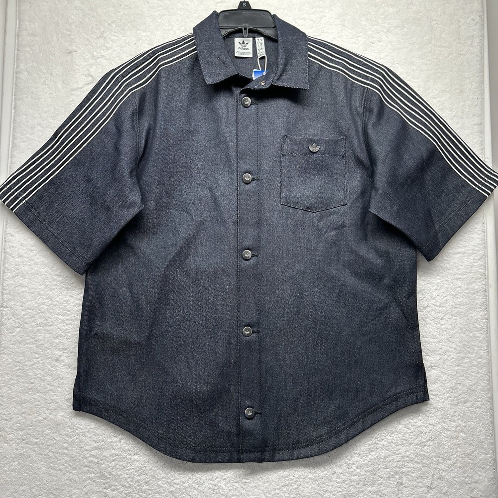Adidas Womens Size S Blue Short Sleeve Premium Essentials Denim Shirt